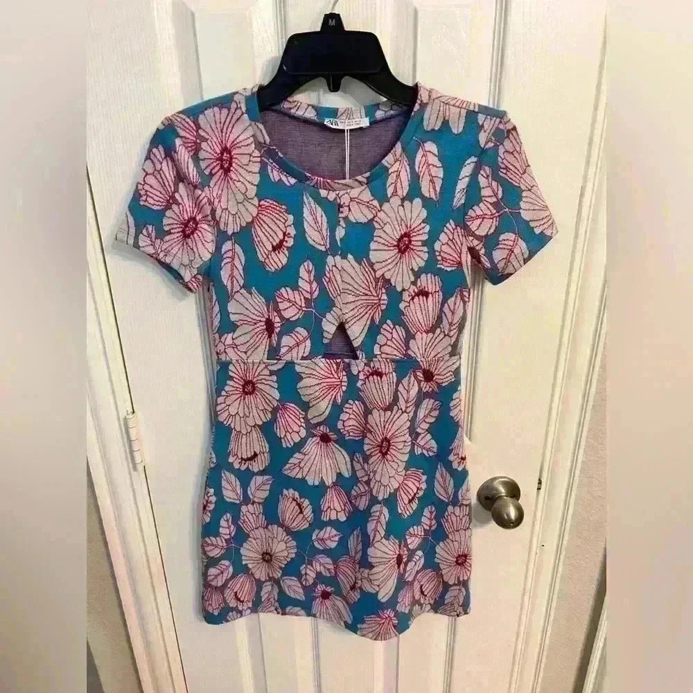 NWT Zara Floral Jacquard Light Blue Keyhole Mini Dress Size S